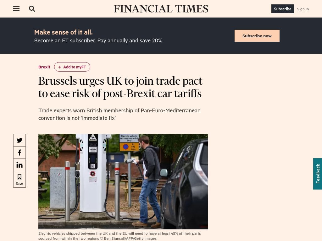 Brussels urges UK to join trade pact to ease risk of post-Brexit car tariffs