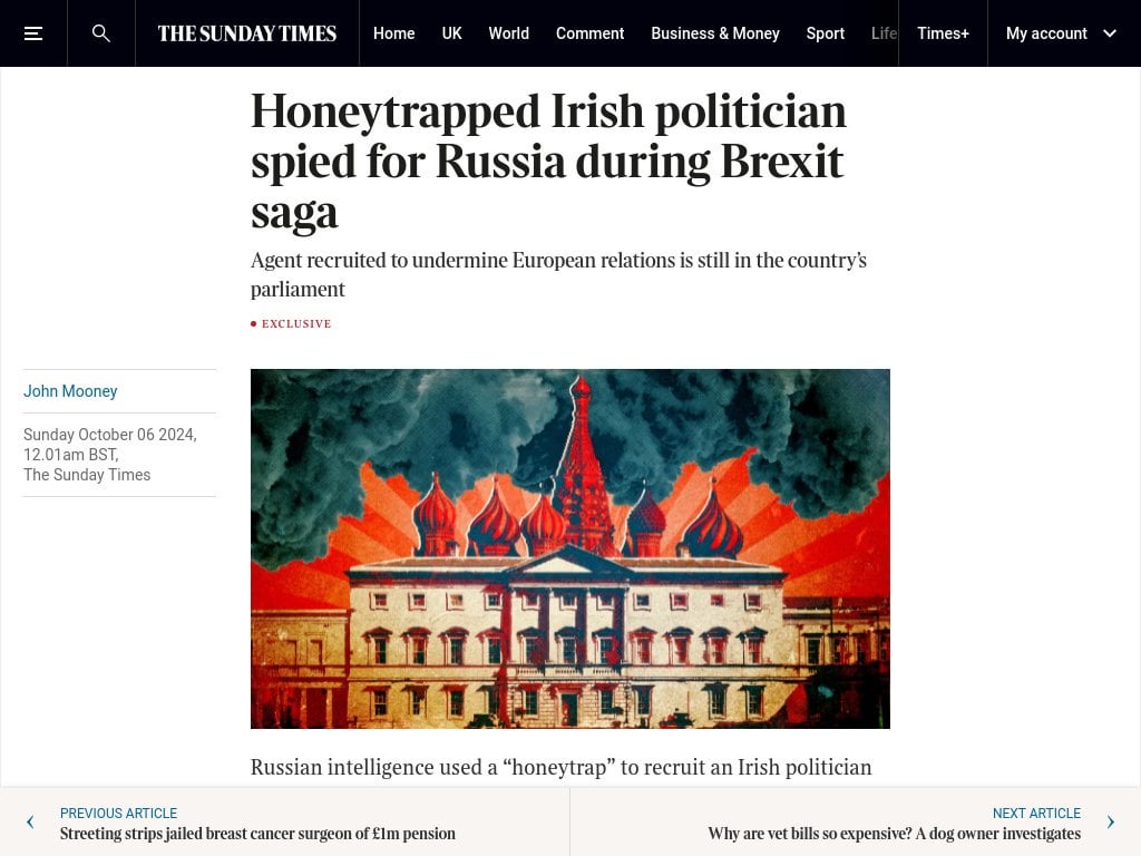 Honeytrapped Irish politician spied for Russia during Brexit saga