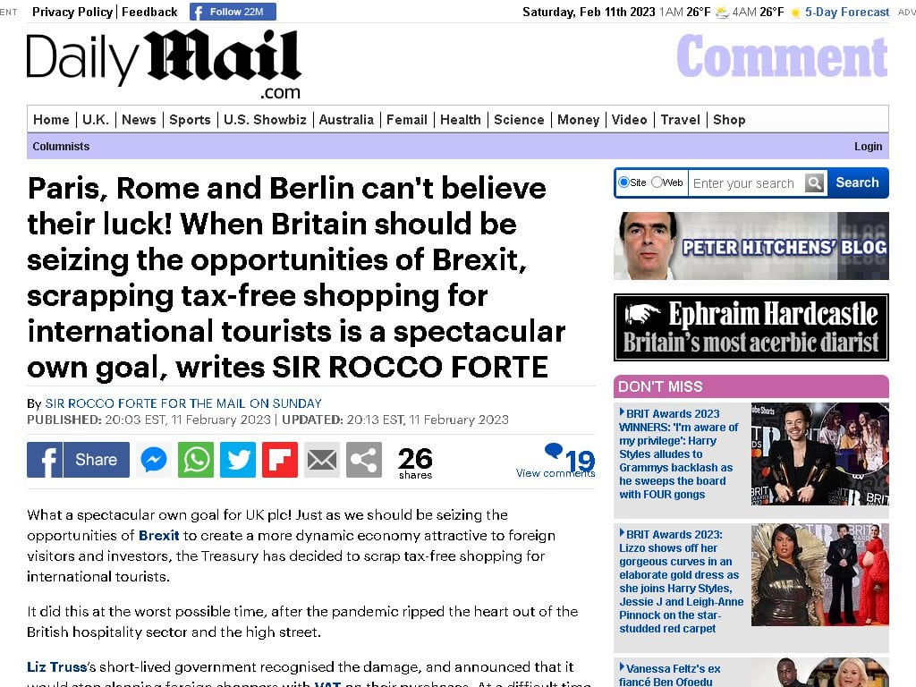 Paris, Rome and Berlin can't believe their luck! When Britain should be seizing the opportunities of Brexit, scrapping tax-free shopping for international tourists is a spectacular own goal, writes SIR ROCCO FORTE