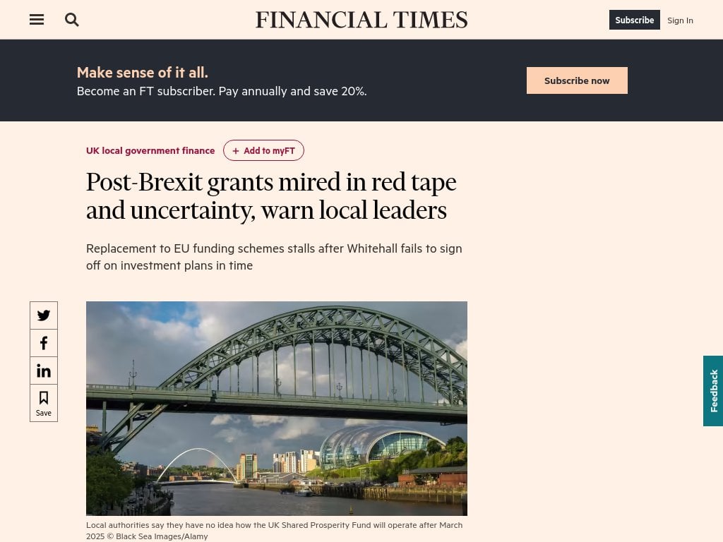 Post-Brexit grants mired in red tape and uncertainty, warn local leaders [Financial Times]